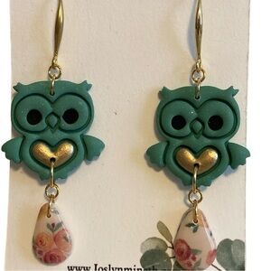 Owl Earrings Polymar Clay Dangly Floral Gold Tone Turquoise New